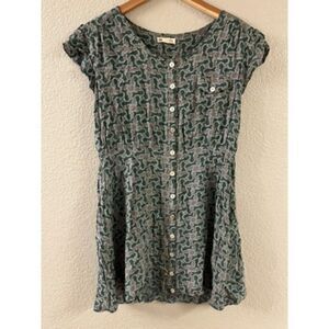 Cotton Candy Button Down‎ Short Sleeved Dress Green Gray Horse & Carriage Large